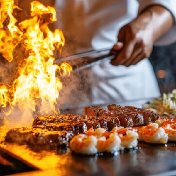 Chef cooking hibachi steak and shrimp on a flaming grill at Sogo Hibachi and Sushi Lounge.