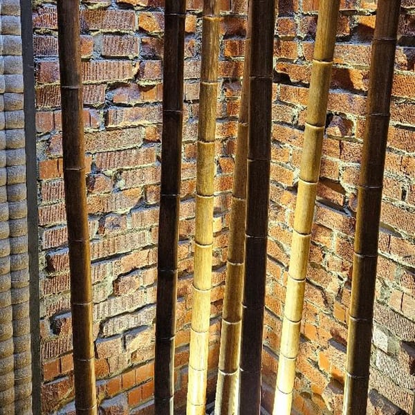 Bamboo stalks against a rustic brick wall, illuminated by warm lighting, at Sogo Hibachi and Sushi Lounge.