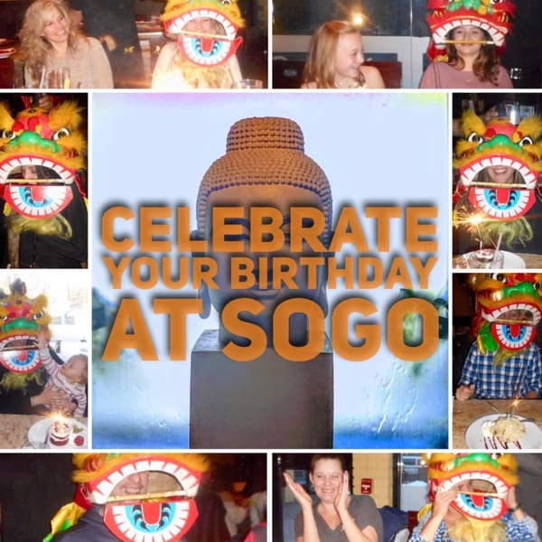 Collage of people celebrating birthdays at Sogo, many wearing dragon masks, with a Buddha statue and text overlay.